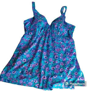 Maxine of Hollywood Blue Green‎ Purple Pink Floral Swimsuit with side splits